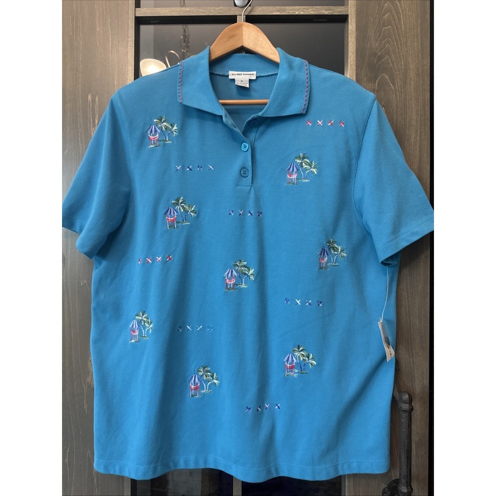 Vintage Alfred Dunner Tropical Palm Tree Short Sleeve Embroidered Polo Shirt XL